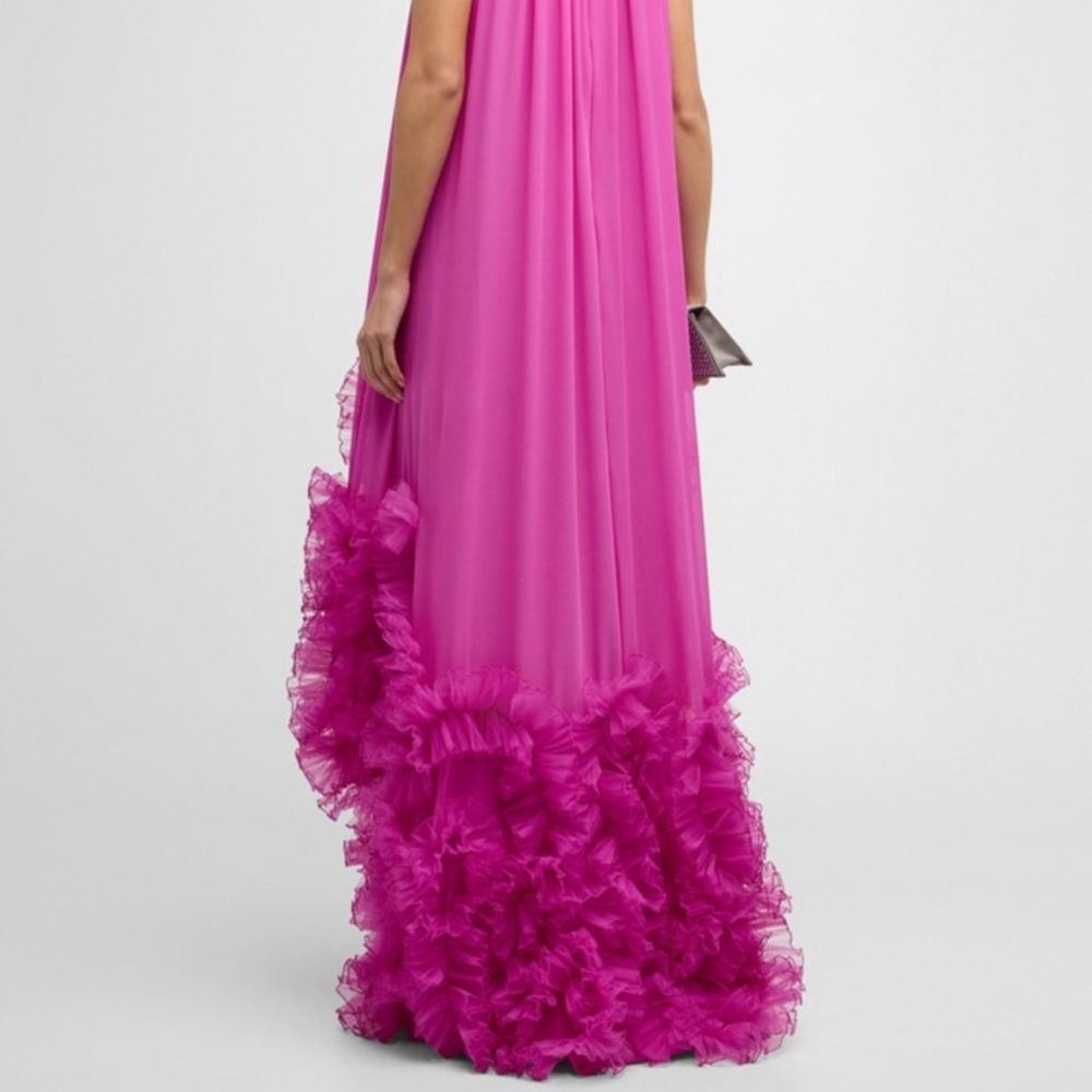 Badgley Mischka High-Low ruffled trim trapeze gown. Size 8.  Worn once.